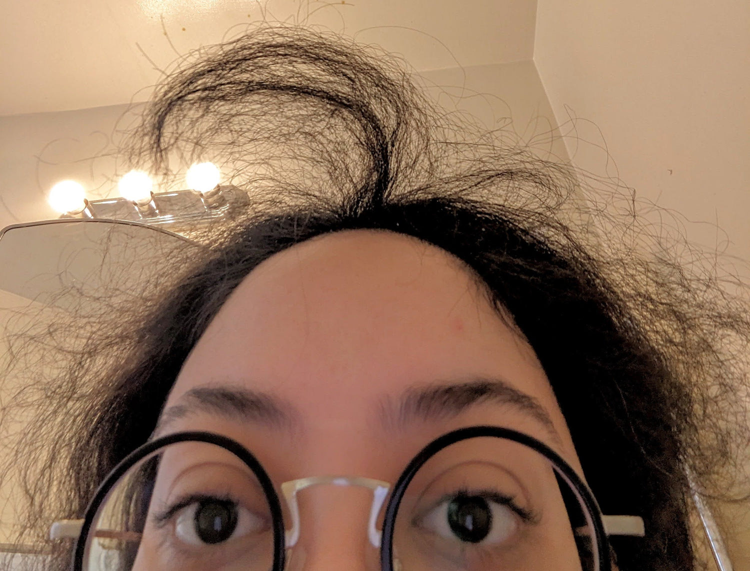 Michelle from the eyes up with a strand of hair standing in a half moon on her head.